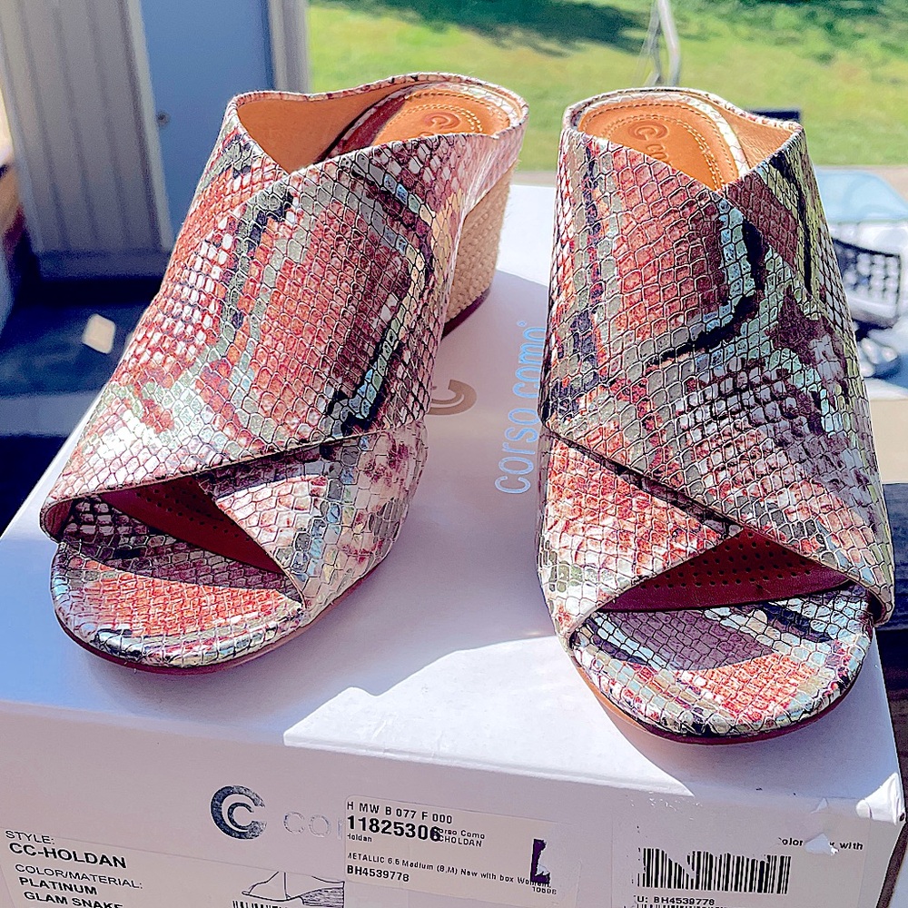 NWT corso como leather platinum pink snake slip on mules espadrille heel 6.5 - Picture 4 of 16